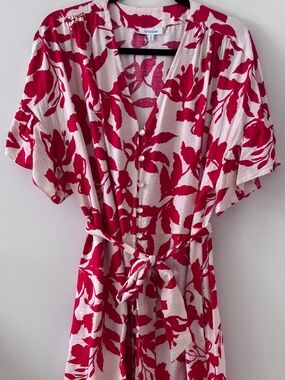 Chico’s Red Floral Button Front Midi Dress Size 3 XL Belted